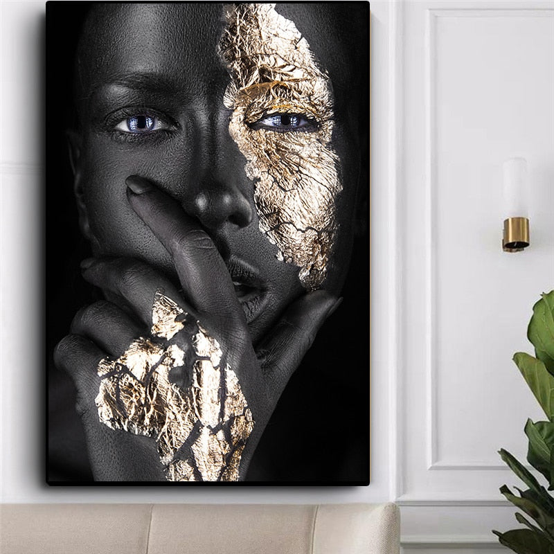 Living Room Wall Art- Black & Gold Woman. Painting Photo Canvas Print. WickedYo